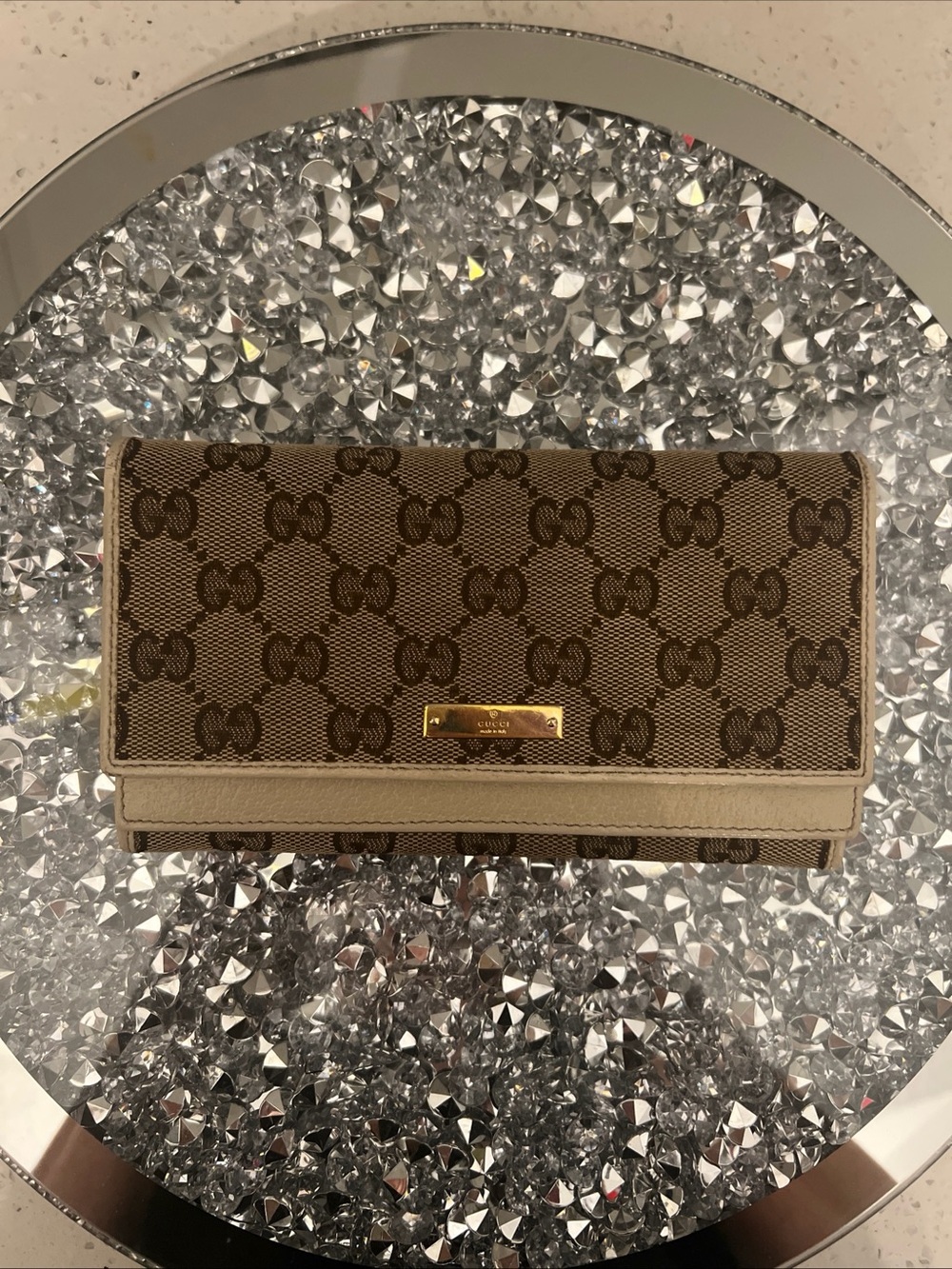 Gucci Beige Brown Monogram Continental Wallet with Gold Plate